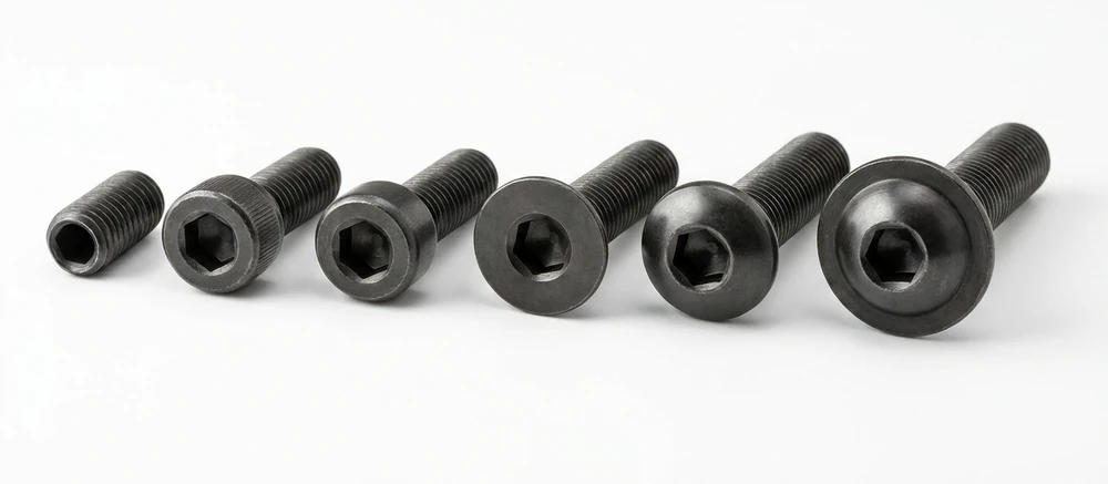 Six socket drive screws in a row on white showing cap, low head, countersunk, button, flanged button and grub