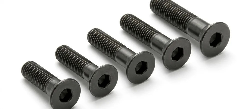 Black countersunk socket screws in a stepped row, threads pointing to the top left