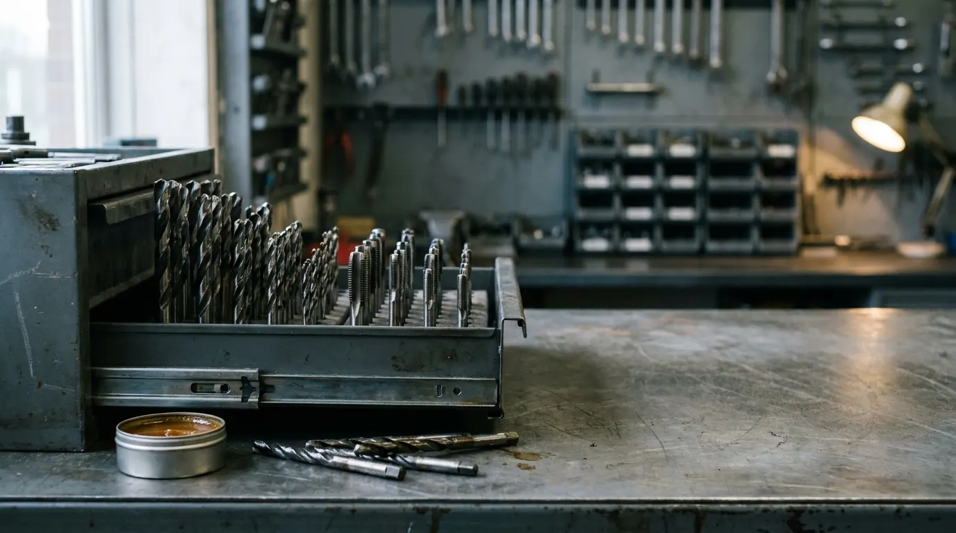 An open workshop drawer of twist drill bits and machine taps standing in size order on a trade counter