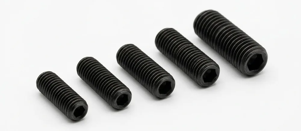 Black cup point grub screws in a stepped row, axes pointing to the top left