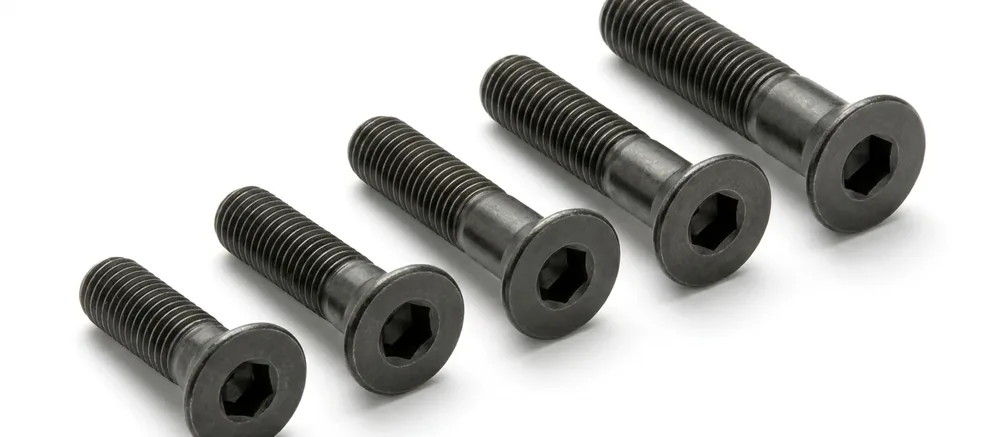 Self-colour countersunk socket screws in a row, threads pointing to the top left