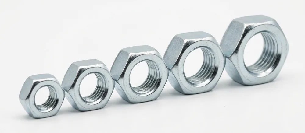Bright zinc imperial hex full nuts in a stepped row