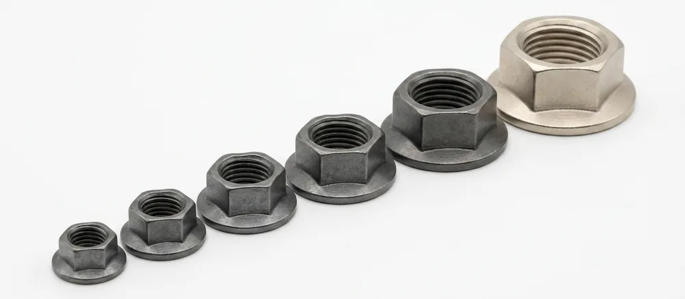 Imperial K-nuts, small hexagons on thin flange bases, gunmetal with one silver hi-temp