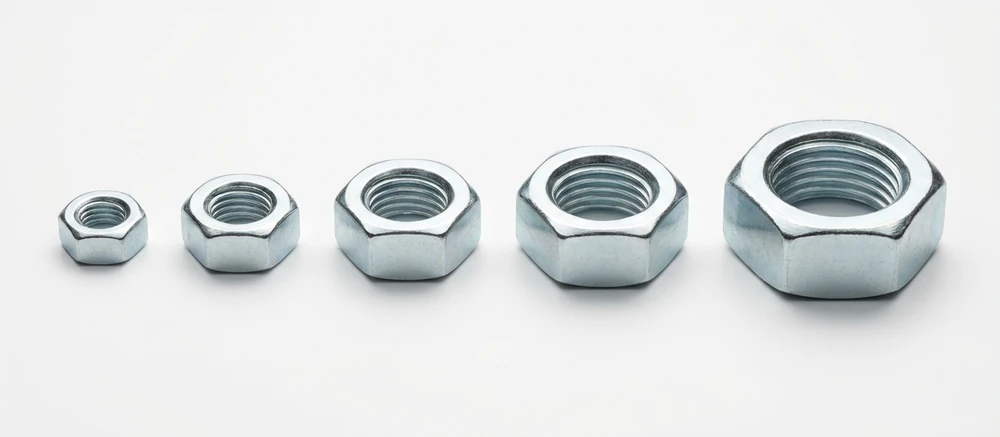 Five zinc plated full hex nuts in a row on white, sizes stepping up left to right