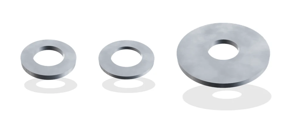 Three bright zinc flat washers on white: a form A, a thinner form B and a wide penny washer