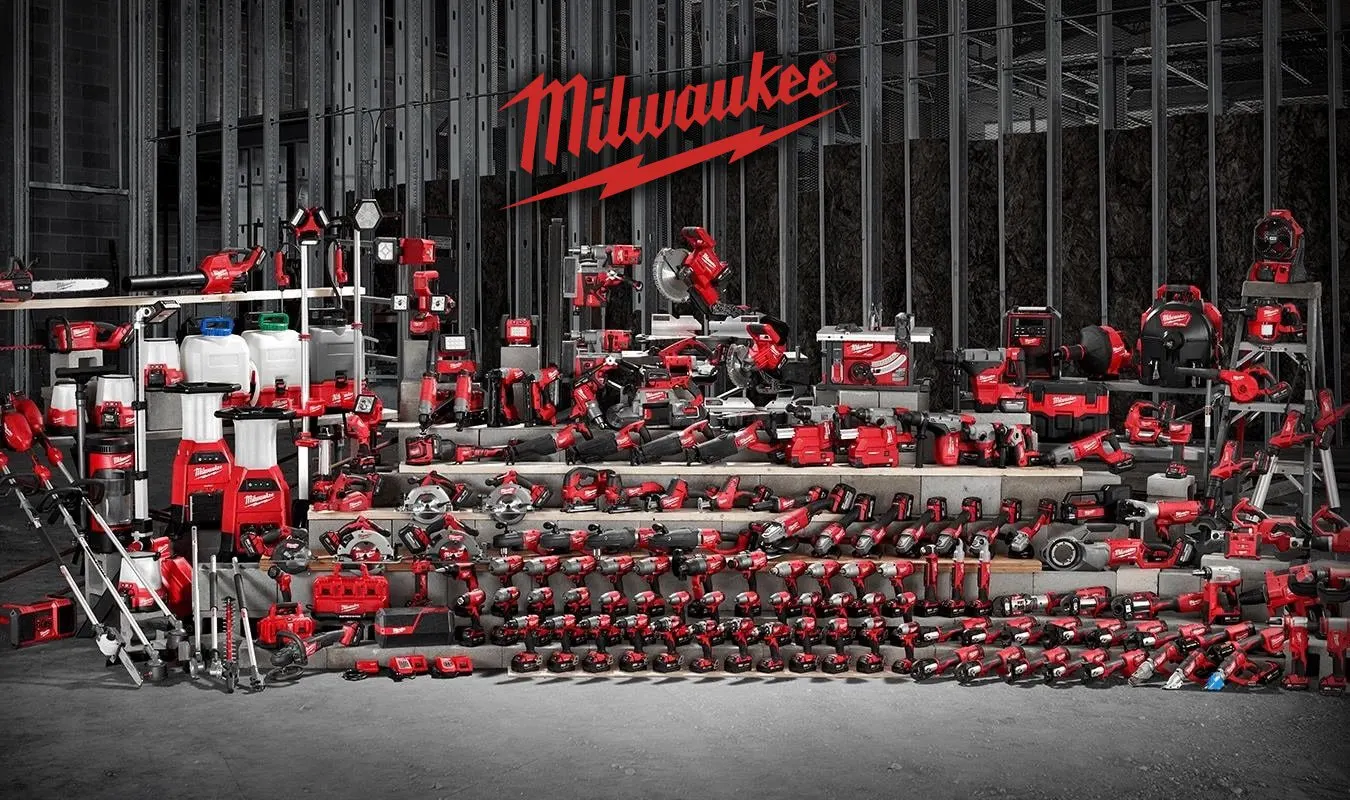 The Milwaukee cordless tool range laid out in a workshop